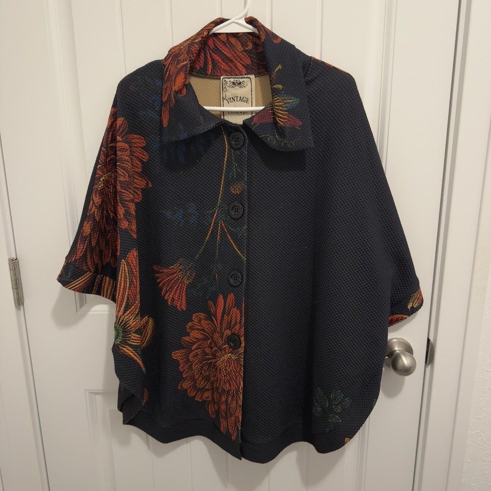 Vintage Concept Women's Black Floral Kimono Oversize Shirt Size Small